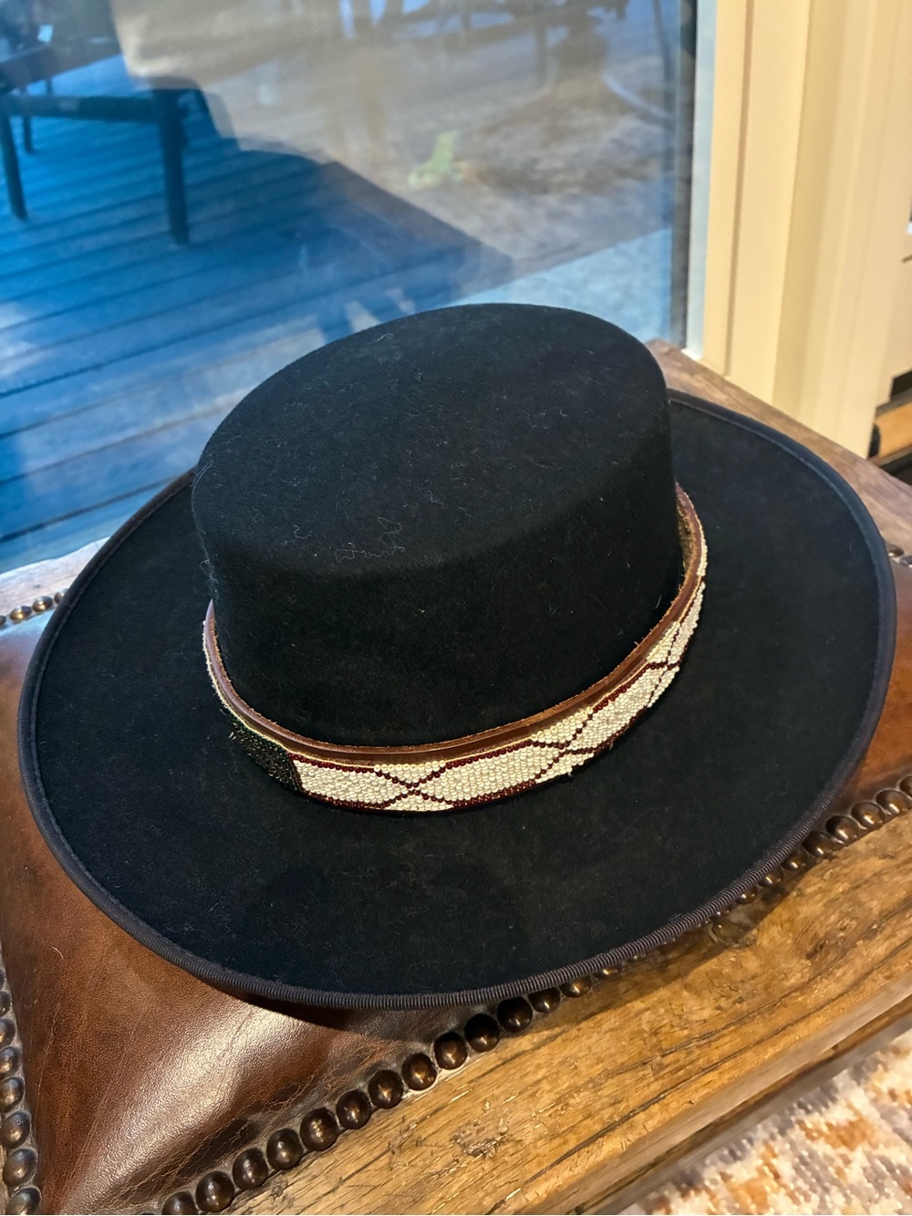 Majestic Black Wool Wide-Brim Hat with Beaded Band